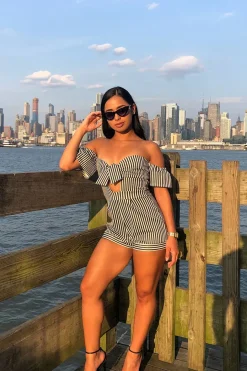 Rebellious Fashion Black and White Striped Bardot Playsuit - Suzey