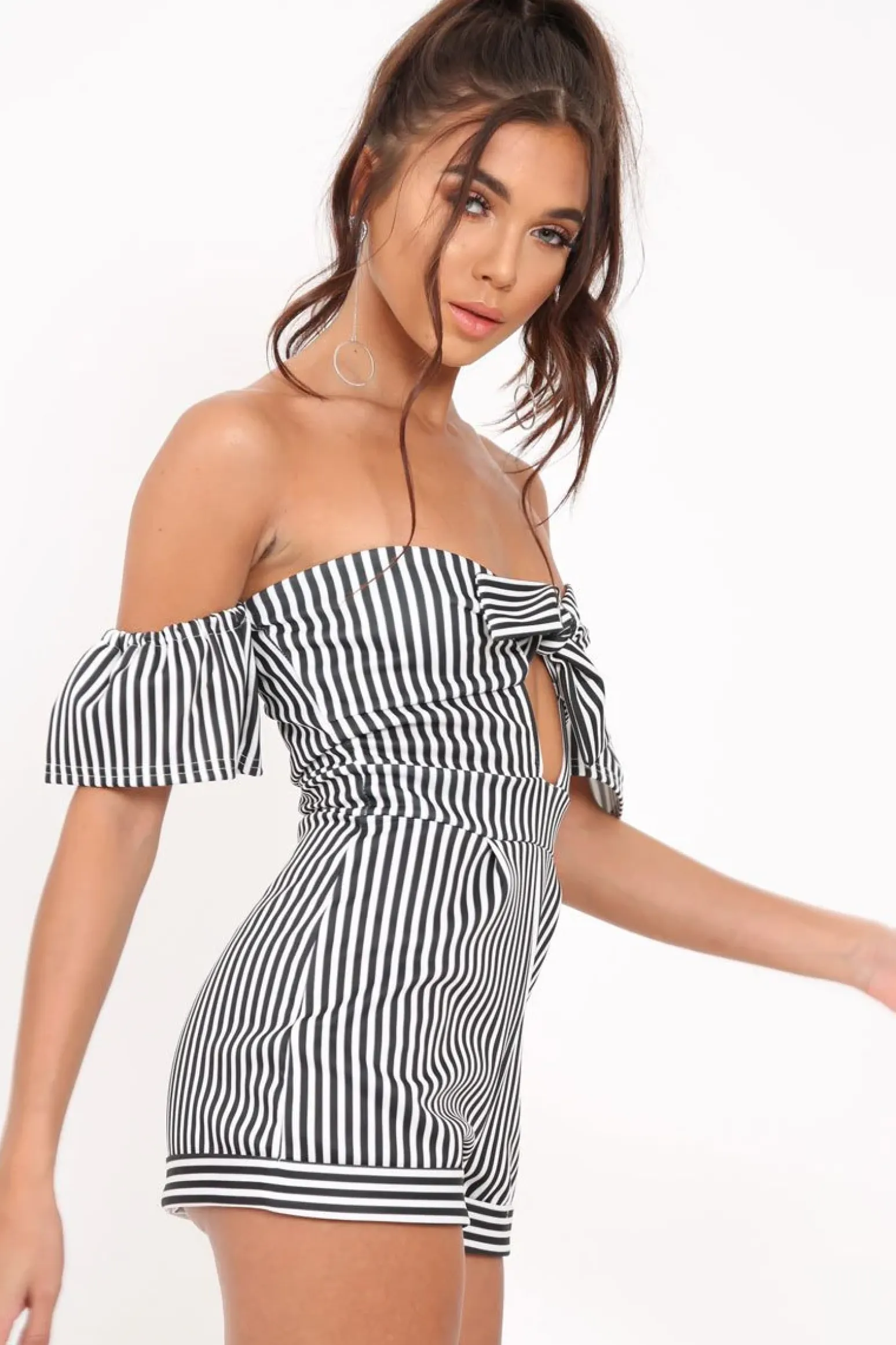 Rebellious Fashion Black and White Striped Bardot Playsuit - Suzey