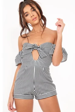 Rebellious Fashion Black and White Striped Bardot Playsuit - Suzey