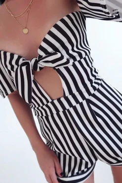 Rebellious Fashion Black and White Striped Bardot Playsuit - Gracy