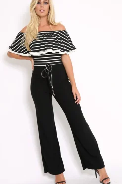Rebellious Fashion Black and White Striped Bardot Top Jumpsuit - Shana