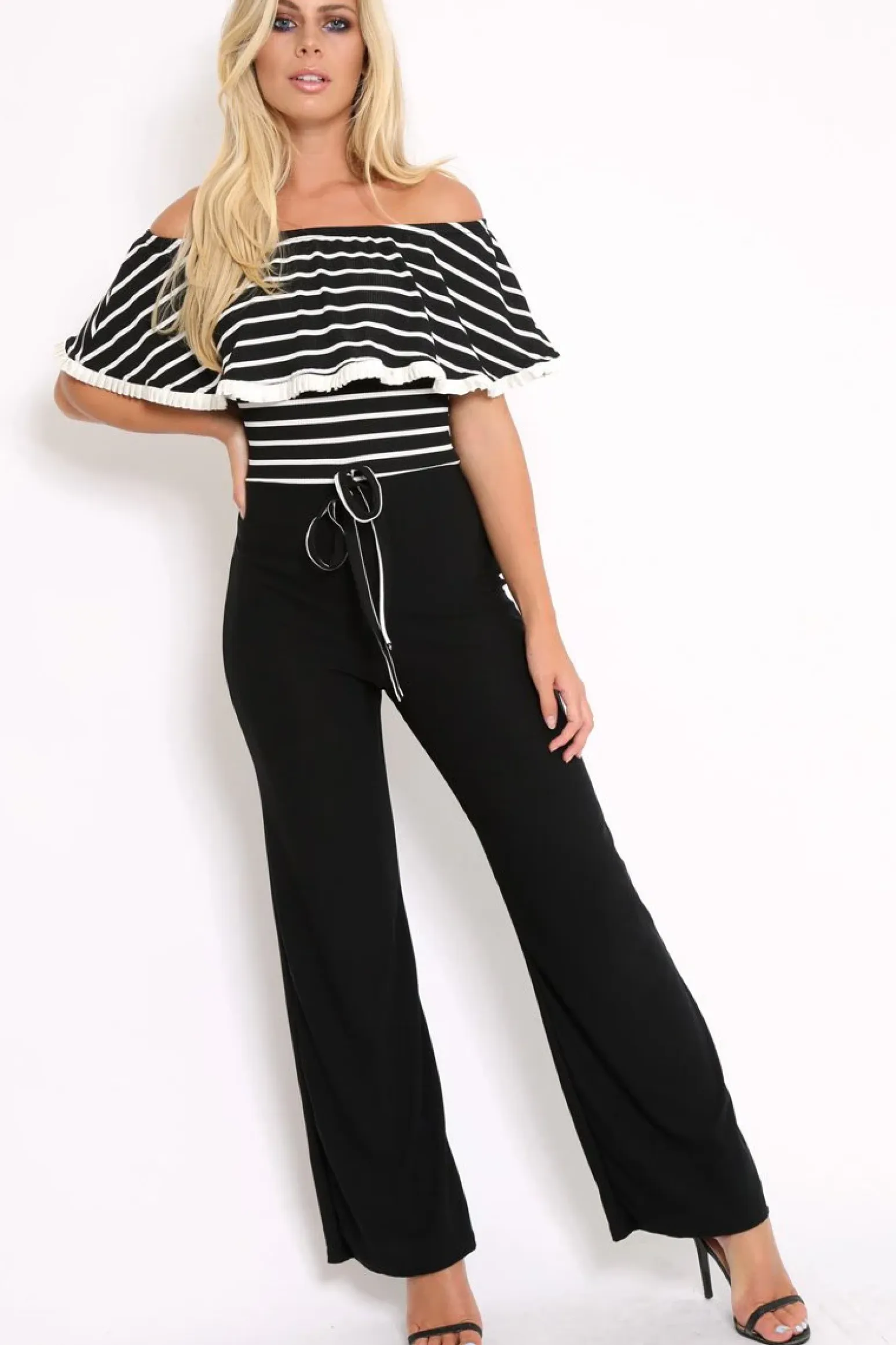 Rebellious Fashion Black and White Striped Bardot Top Jumpsuit - Shana