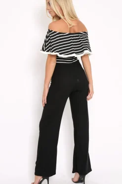 Rebellious Fashion Black and White Striped Bardot Top Jumpsuit - Shana
