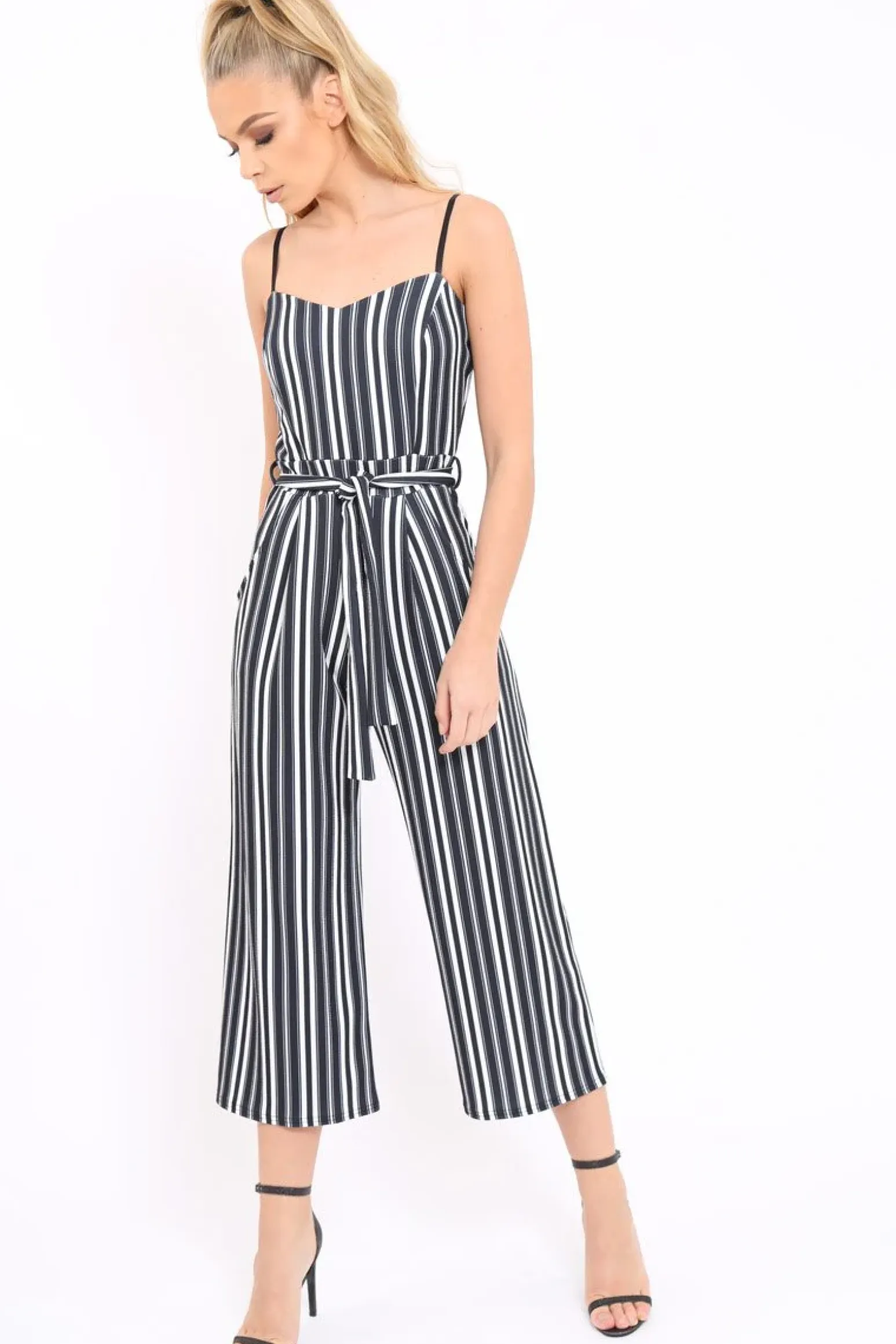 Rebellious Fashion Black And White Striped Culotte Jumpsuit - Miller