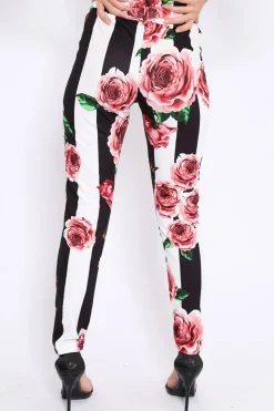 Rebellious Fashion Black and White Striped Floral Tapered Trousers - Ledora