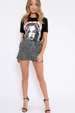 Rebellious Fashion Black and White Striped Matte PU Paper Bag Shorts - Genia