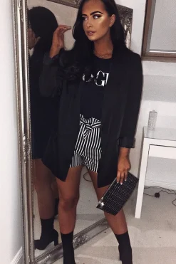 Rebellious Fashion Black and White Striped Matte PU Paper Bag Shorts - Genia