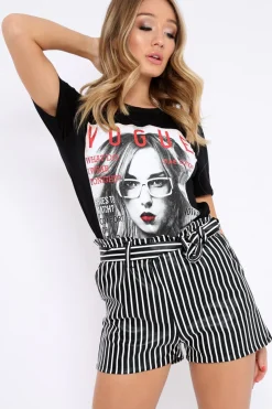 Rebellious Fashion Black and White Striped Matte PU Paper Bag Shorts - Genia