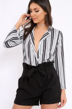Rebellious Fashion Black and White Striped Plunge Front Bodysuit - Dyanna