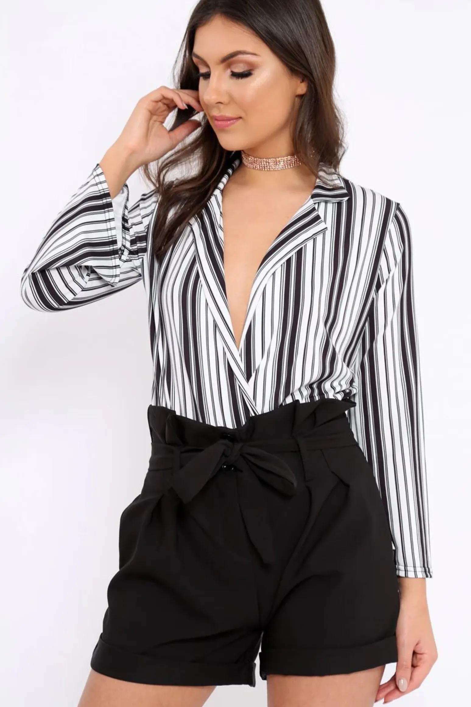 Rebellious Fashion Black and White Striped Plunge Front Bodysuit - Dyanna