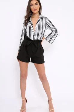 Rebellious Fashion Black and White Striped Plunge Front Bodysuit - Dyanna