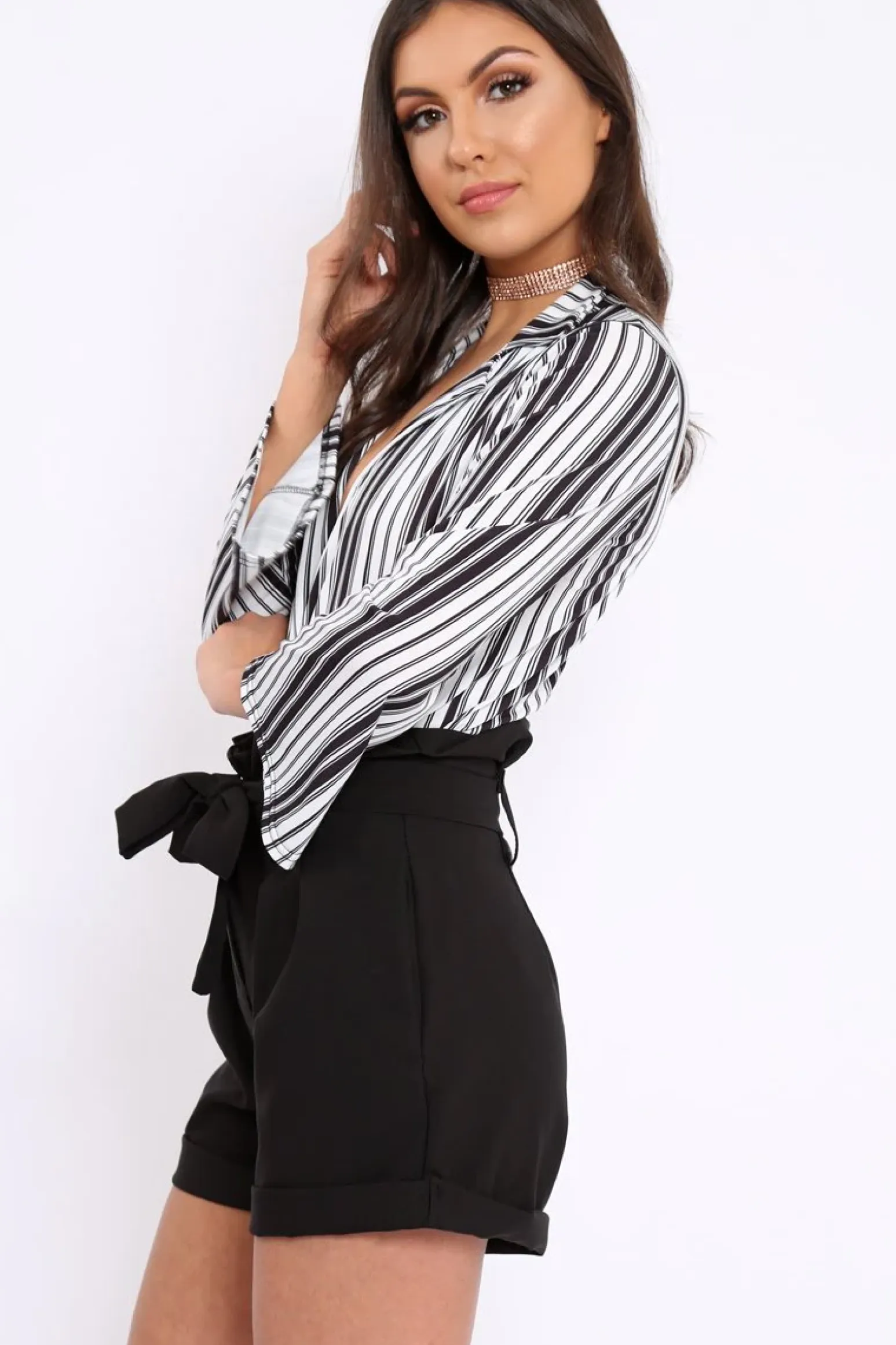 Rebellious Fashion Black and White Striped Plunge Front Bodysuit - Dyanna