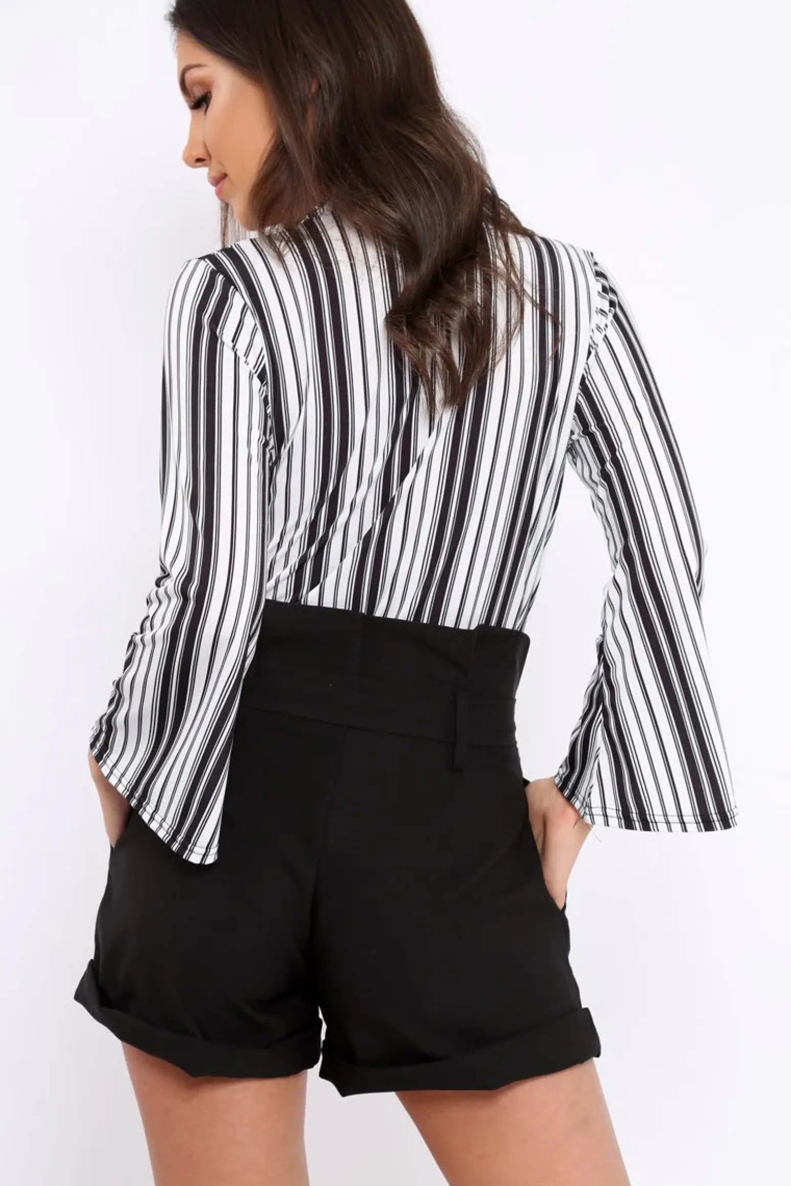 Rebellious Fashion Black and White Striped Plunge Front Bodysuit - Dyanna