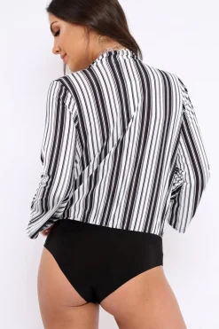 Rebellious Fashion Black and White Striped Plunge Front Bodysuit - Dyanna