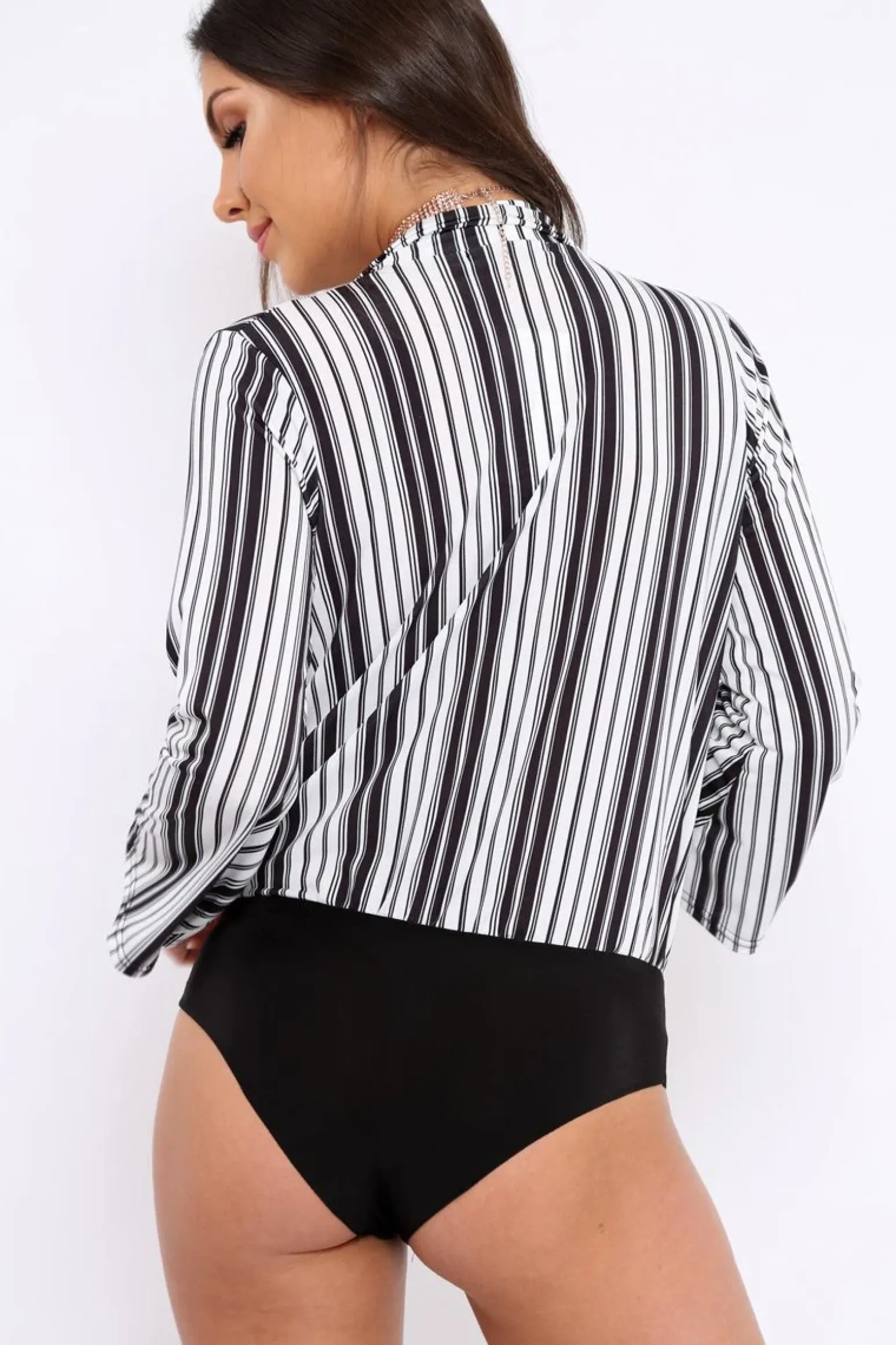 Rebellious Fashion Black and White Striped Plunge Front Bodysuit - Dyanna