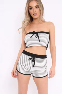 Rebellious Fashion Black And White Striped Ribbed Bandeau And shorts Co-Ord - Rosella