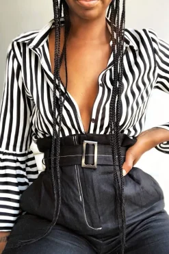 Rebellious Fashion Black and White Striped Shirt with Bell Sleeves - Harper