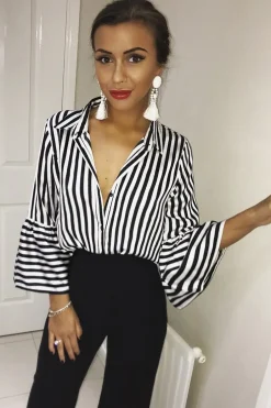 Rebellious Fashion Black and White Striped Shirt with Bell Sleeves - Harper