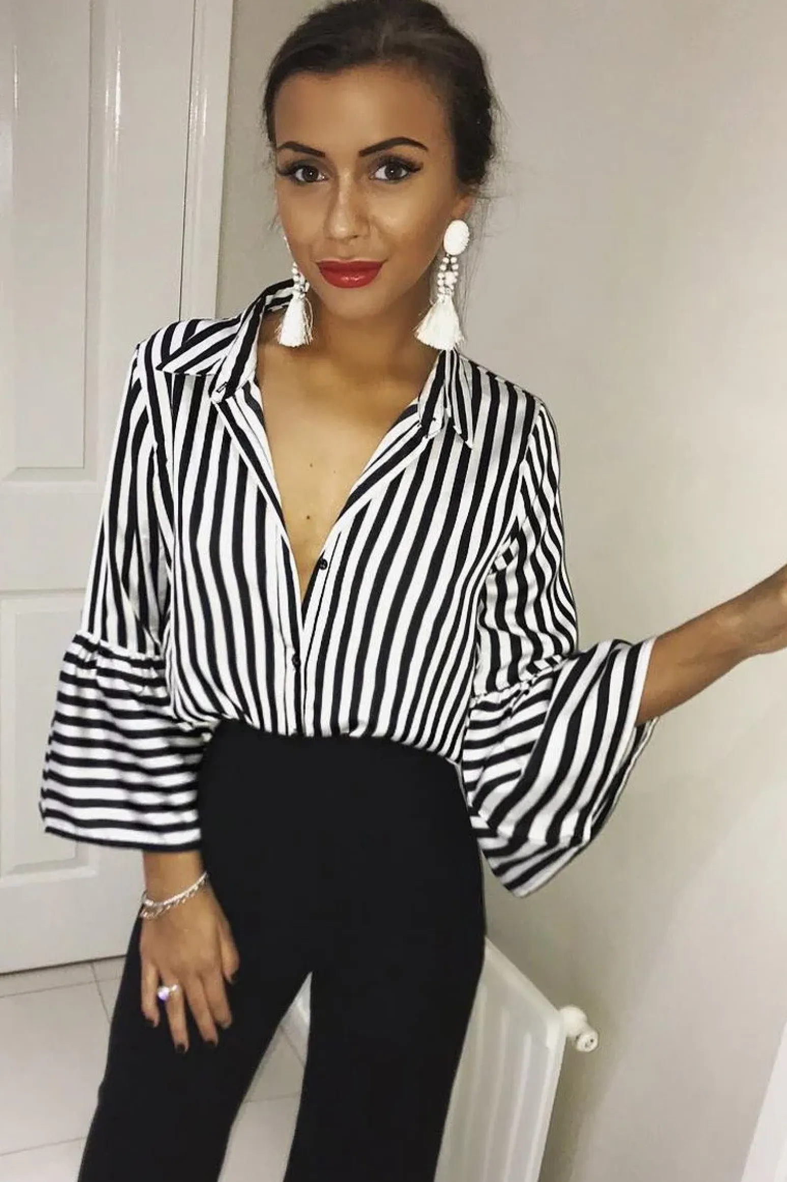 Rebellious Fashion Black and White Striped Shirt with Bell Sleeves - Harper