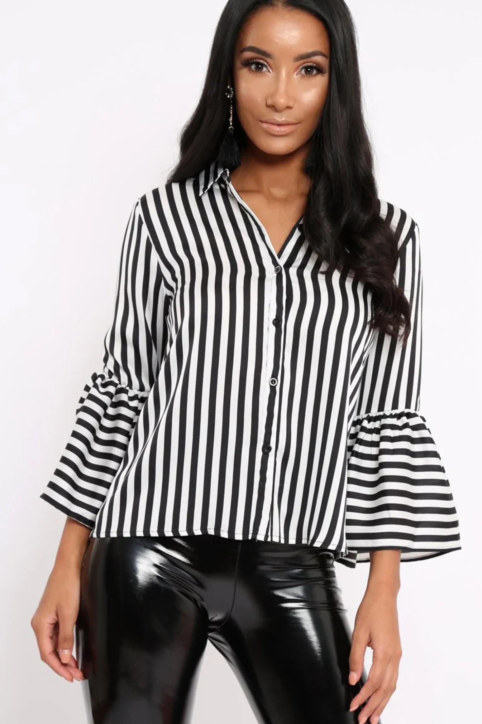 Rebellious Fashion Black and White Striped Shirt with Bell Sleeves - Harper
