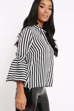 Rebellious Fashion Black and White Striped Shirt with Bell Sleeves - Harper
