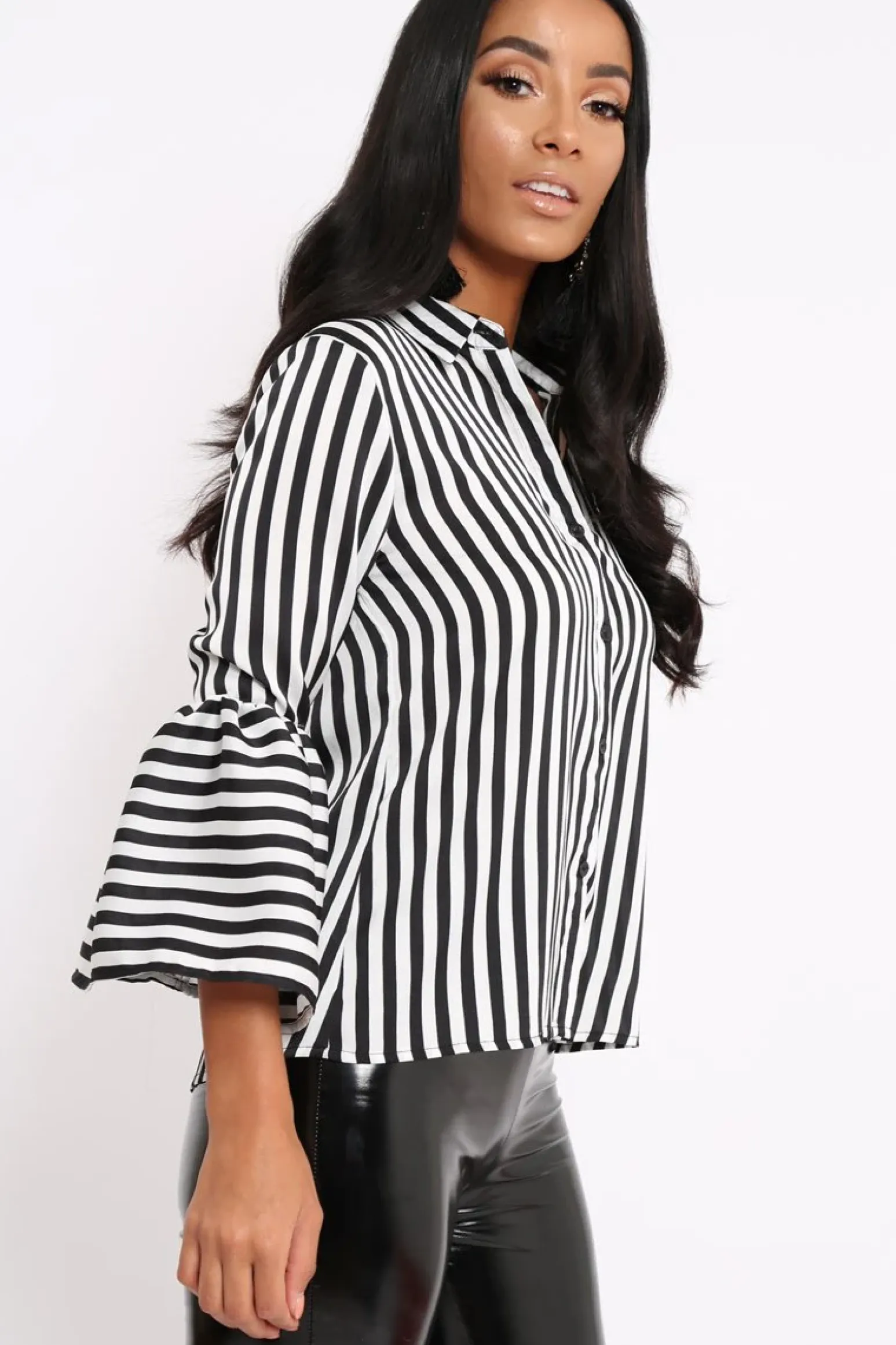 Rebellious Fashion Black and White Striped Shirt with Bell Sleeves - Harper