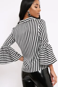 Rebellious Fashion Black and White Striped Shirt with Bell Sleeves - Harper