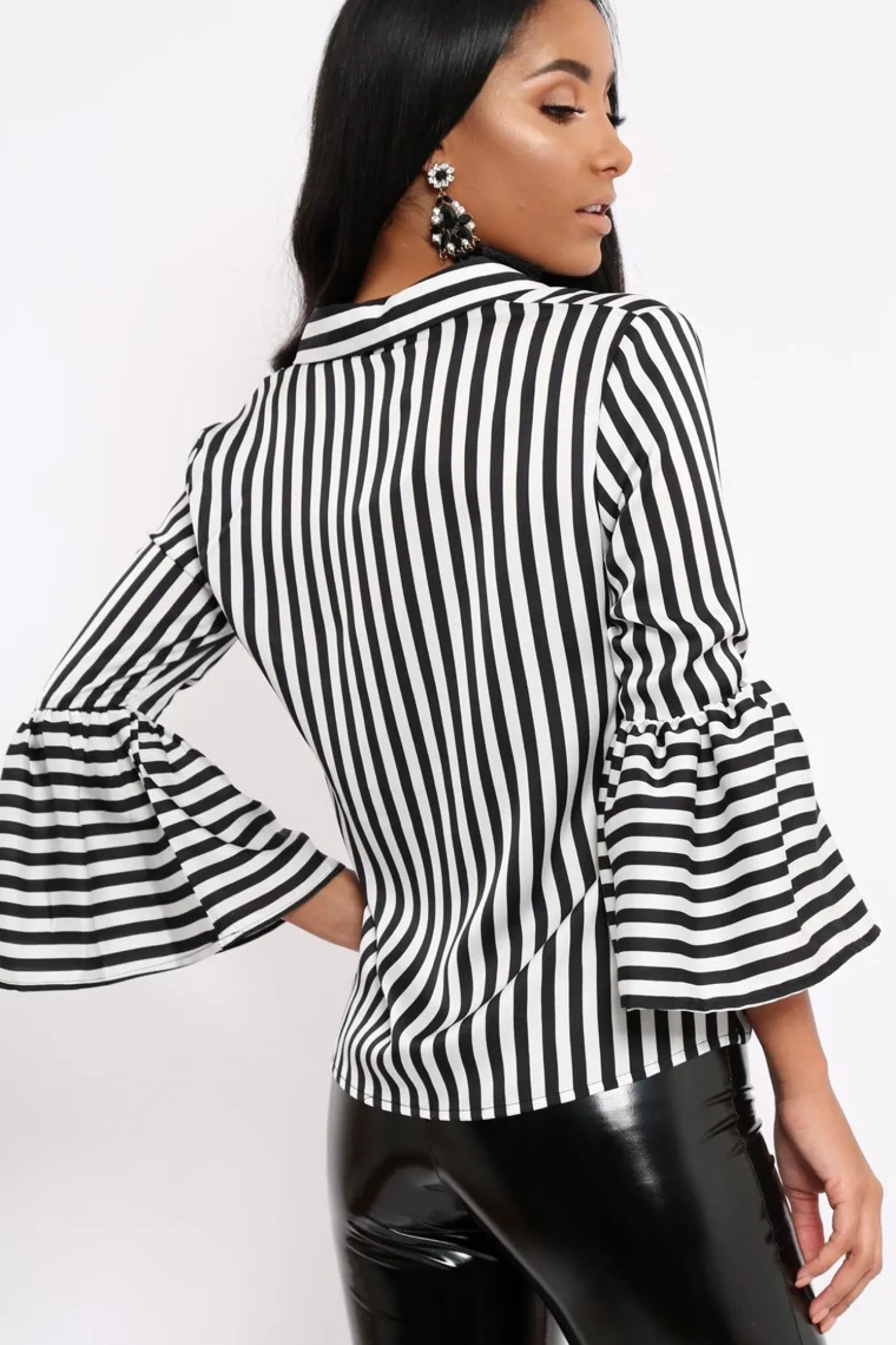 Rebellious Fashion Black and White Striped Shirt with Bell Sleeves - Harper