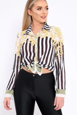 Rebellious Fashion Black and White Striped Shirt with Gold Scarf Print Detail - Jalana