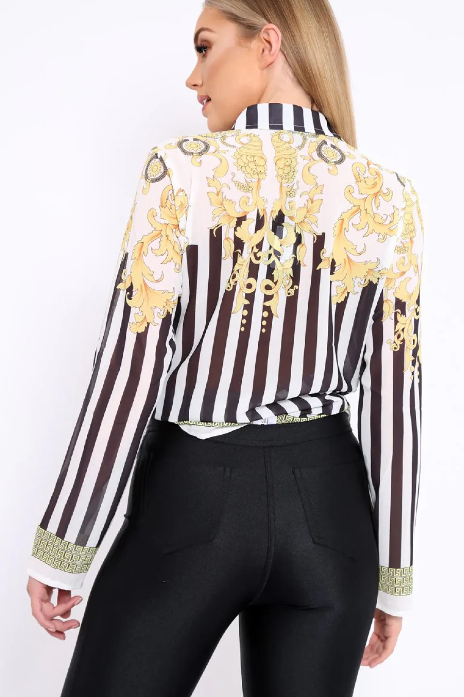 Rebellious Fashion Black and White Striped Shirt with Gold Scarf Print Detail - Jalana