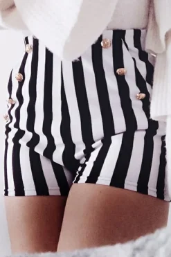 Rebellious Fashion Black and White Striped Shorts with Gold Button Detailing - Joseline