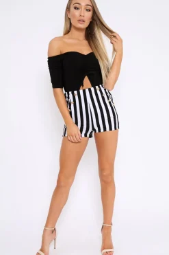 Rebellious Fashion Black and White Striped Shorts with Gold Button Detailing - Joseline