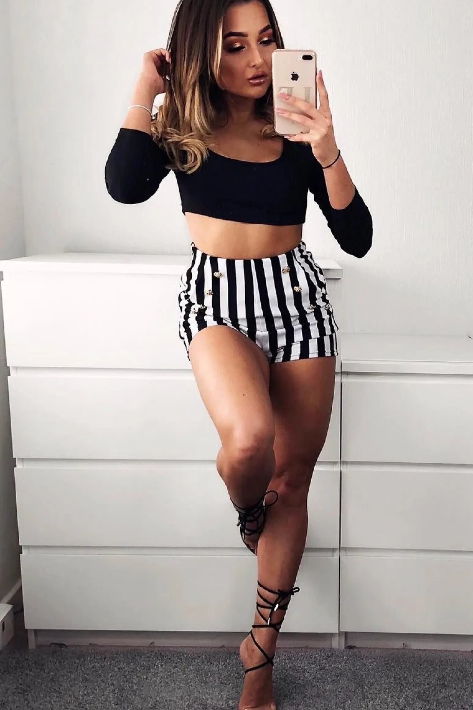 Rebellious Fashion Black and White Striped Shorts with Gold Button Detailing - Joseline