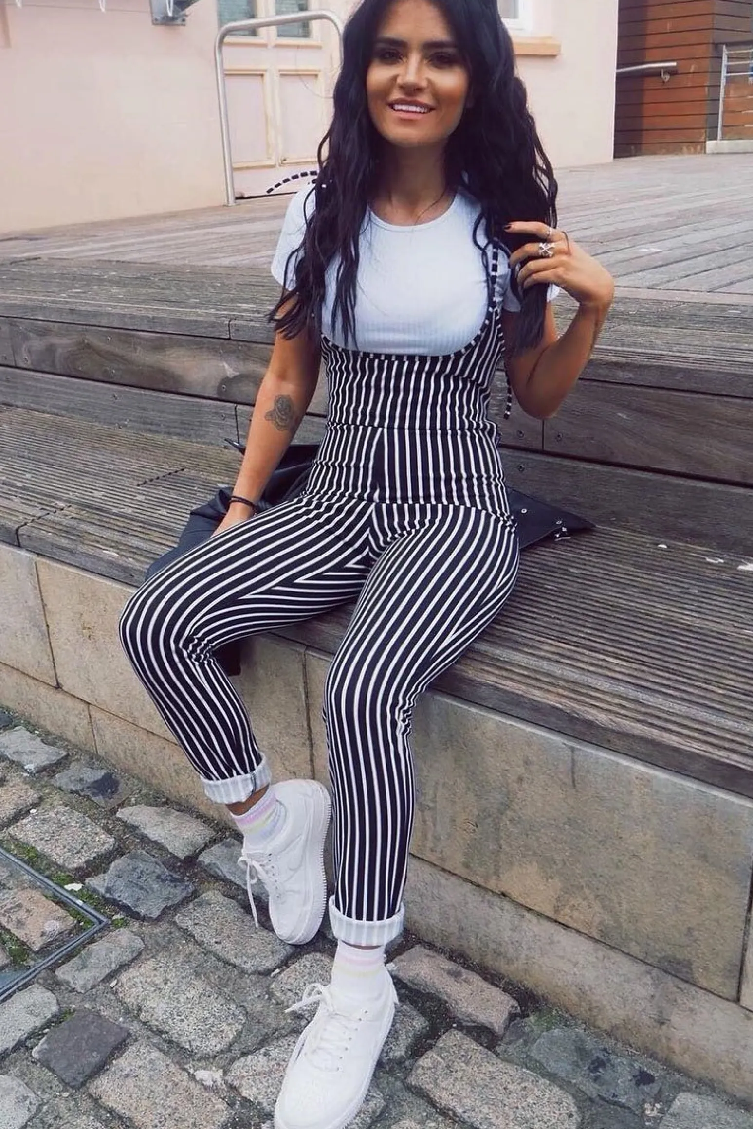 Rebellious Fashion Black and White Striped Tie Up T shirt Insert Jumpsuit - Ahonesti