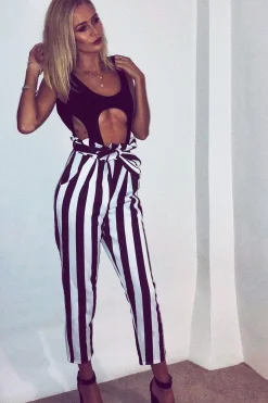 Rebellious Fashion Black and White Striped Tie Waist Tapered Trousers - Dura