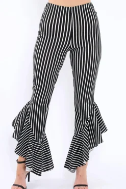 Rebellious Fashion Black and White Stripe Frill Hem Trousers - Ashlie