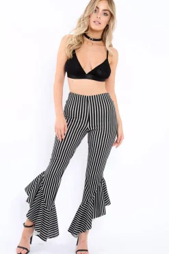 Rebellious Fashion Black and White Stripe Frill Hem Trousers - Ashlie