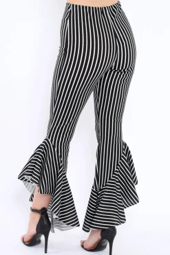 Rebellious Fashion Black and White Stripe Frill Hem Trousers - Ashlie