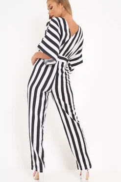 Rebellious Fashion Black And White Stripe Kimono Sleeve Jumpsuit - Pilar