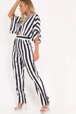 Rebellious Fashion Black And White Stripe Kimono Sleeve Jumpsuit - Pilar