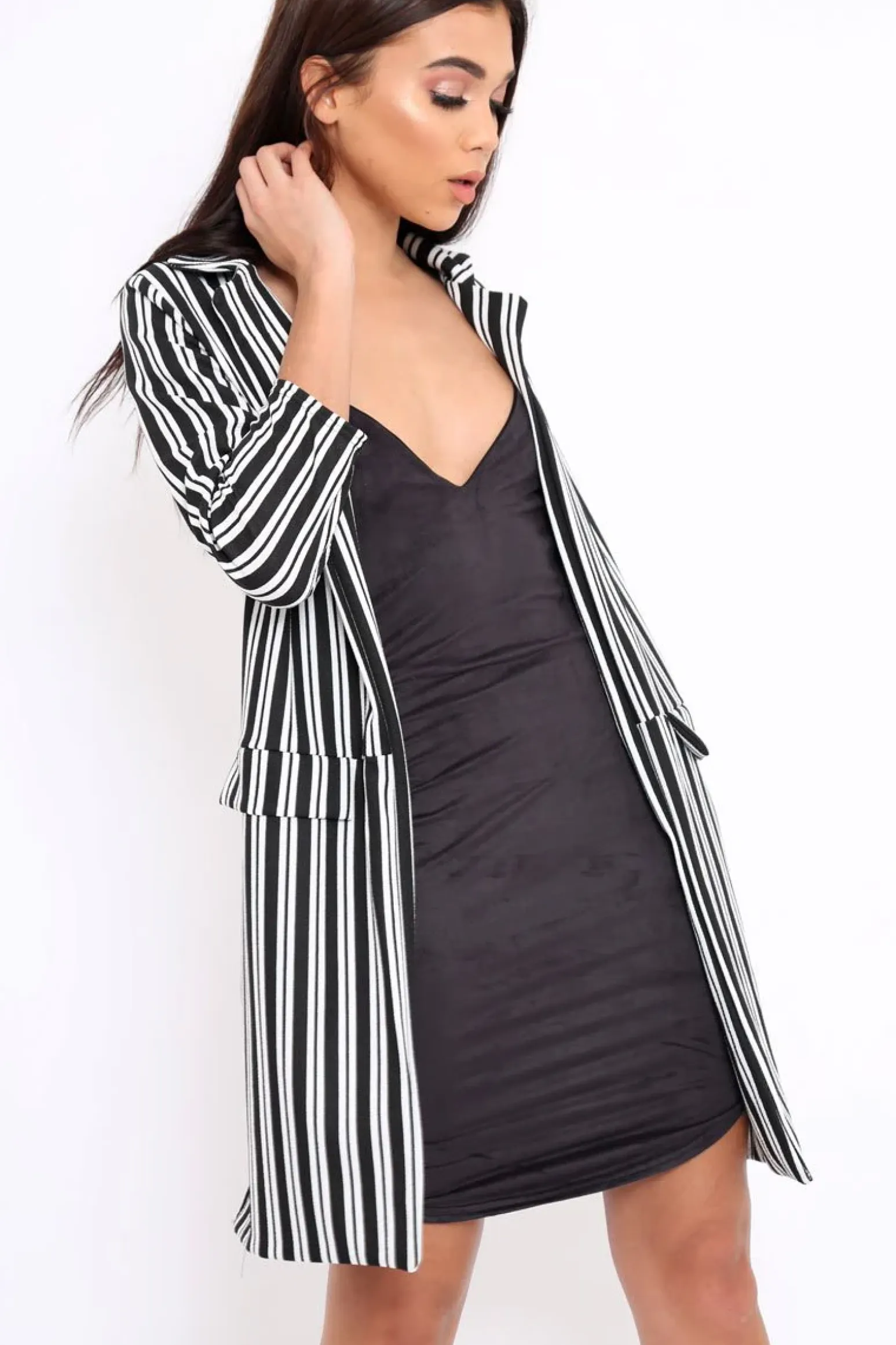 Rebellious Fashion Black And White Stripe Long Blazer - Zunaira