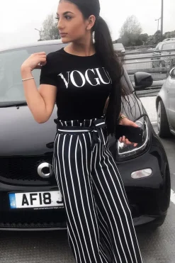 Rebellious Fashion Black and White Stripe Paper Bag Tie Waist Wide Leg Trousers - Kennedy