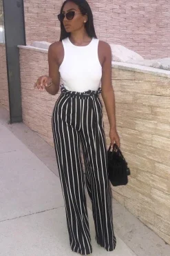 Rebellious Fashion Black and White Stripe Paper Bag Tie Waist Wide Leg Trousers - Kennedy