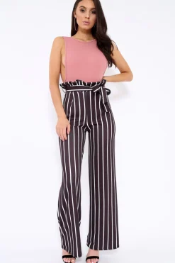 Rebellious Fashion Black and White Stripe Paper Bag Tie Waist Wide Leg Trousers - Kennedy