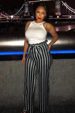 Rebellious Fashion Black and White Stripe Paper Bag Tie Waist Wide Leg Trousers - Kennedy