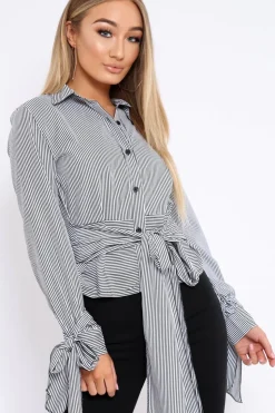 Rebellious Fashion Black and White Stripe Tie Shirt - Jenica