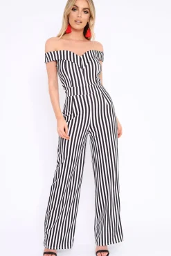 Rebellious Fashion Black and White Stripe V Neck Bardot Jumpsuit - Mallorie