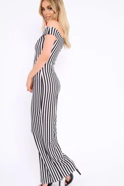 Rebellious Fashion Black and White Stripe V Neck Bardot Jumpsuit - Mallorie