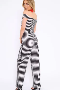 Rebellious Fashion Black and White Stripe V Neck Bardot Jumpsuit - Mallorie