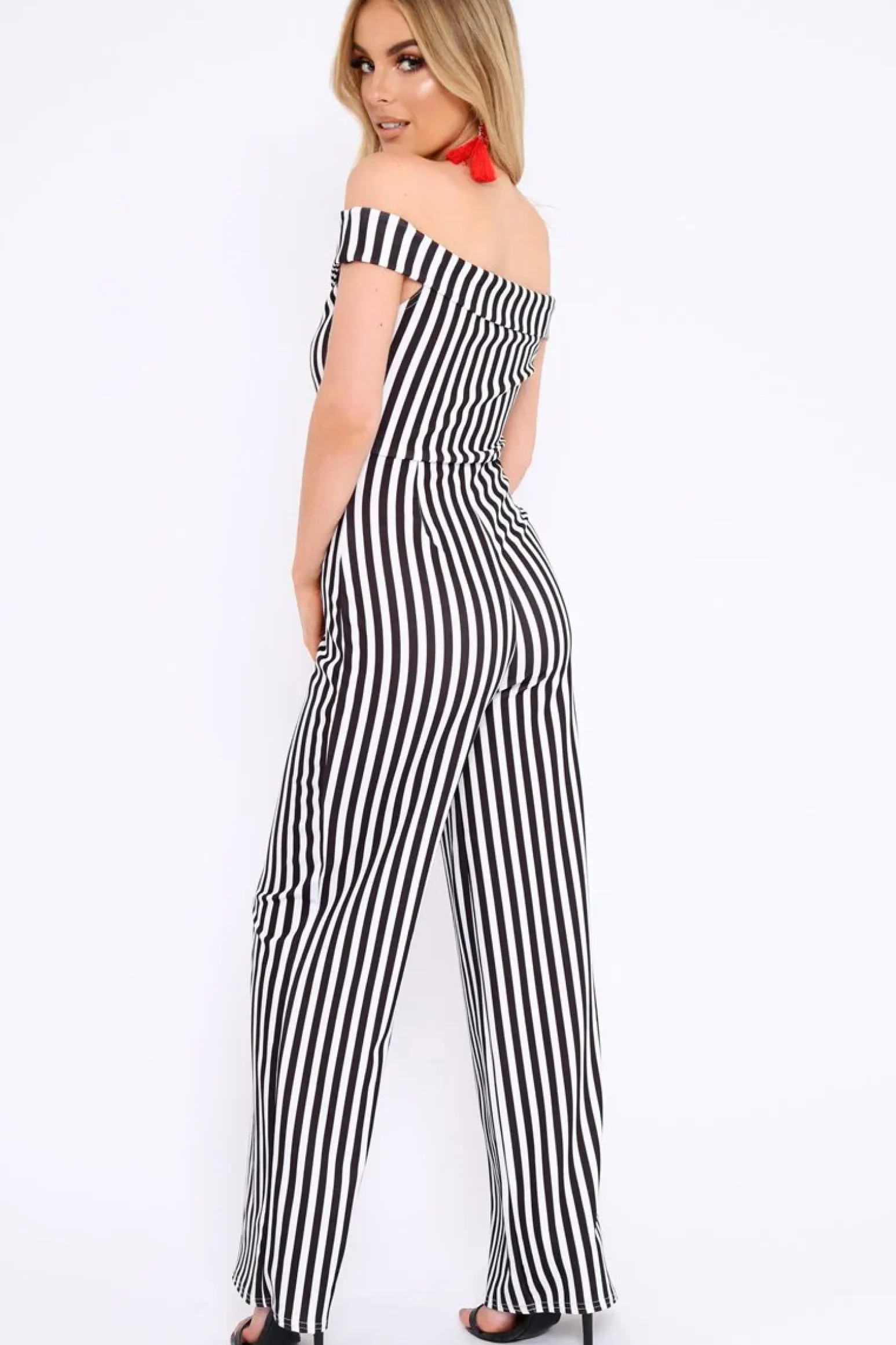 Rebellious Fashion Black and White Stripe V Neck Bardot Jumpsuit - Mallorie